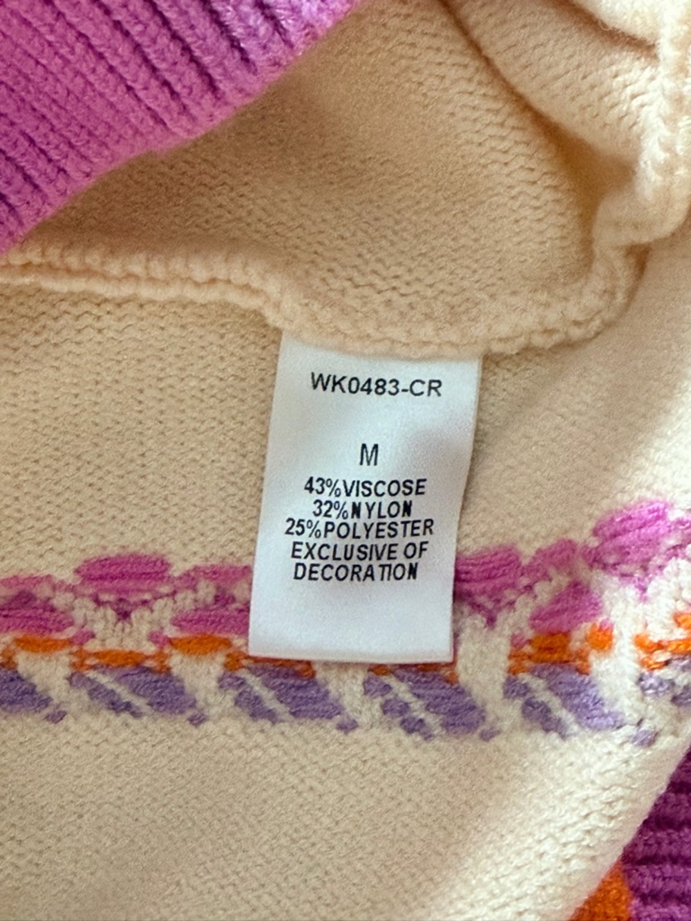 THML Multi-Pattern Short Sleeve Knit Sweater Cream with Pink and Orange Trim M - Picture 8 of 11